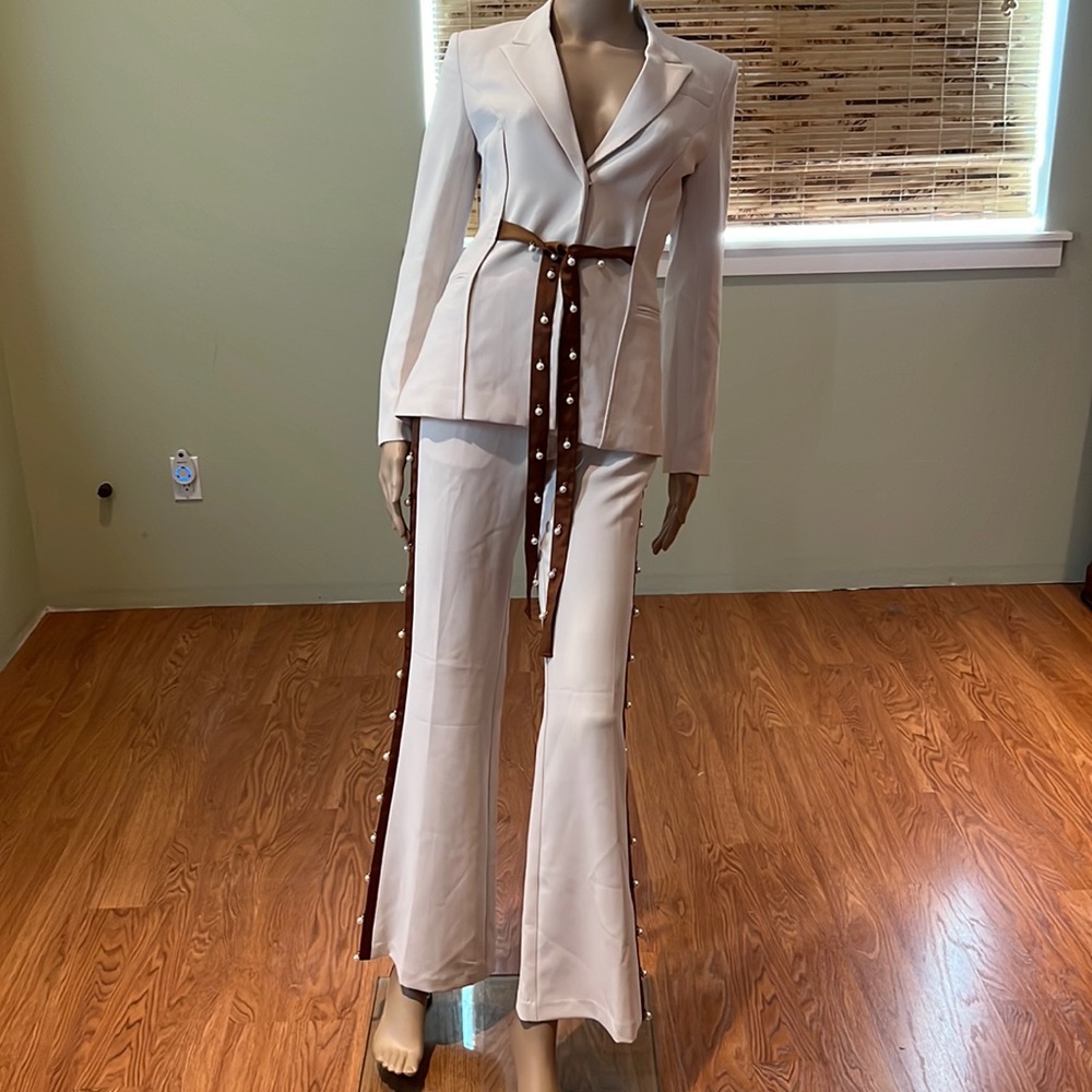 Zcrave Beige embellished Pantsuit Pearls Brown Trim Size XS/S